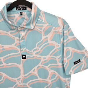 Bad Birdie Men Small Short Sleeve Polo Shirt Aqua Peach Water Surface Print Golf